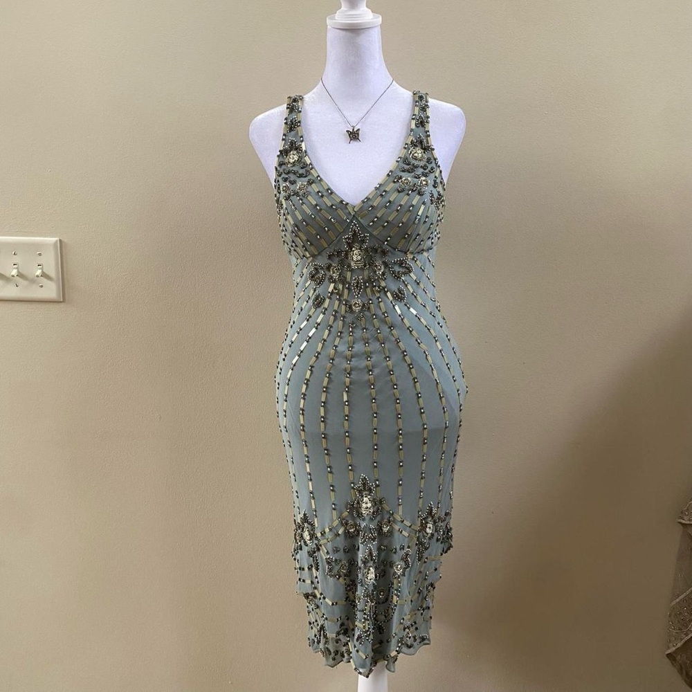 Vintage Sue Wong 100% Silk Fairycore Ethereal Boho Whimsy Blue Beaded Dress XS